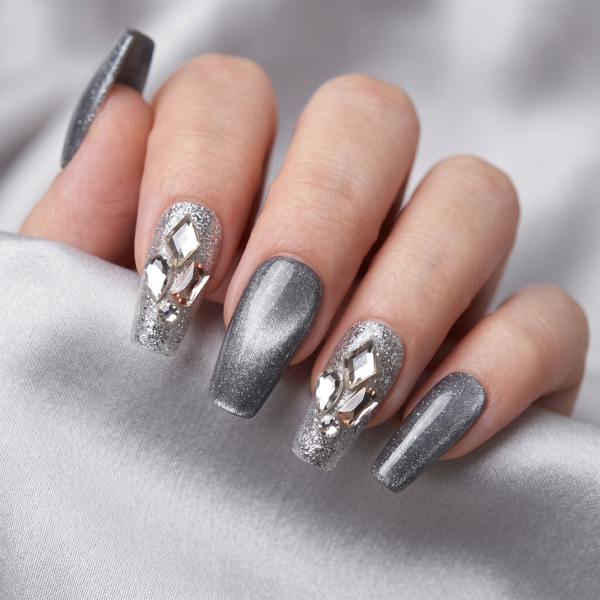 Blisss Nails Premium Handmade Black with Cat Eye Effect & Silver Glitter Fake Nails – Coffin Artificial Reusable Press On Nails with Crystal Rhinestone Design for Women | Luxury Salon Finish 10 pc Nail Set