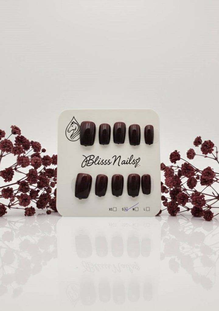 Blisss Nails Essential Machine-Made Press On Nails - Deep Espresso Maroon Glaze Jelly Effect, Reusable Artificial Nails, Short Square Round Shape, High-Gloss Salon-Style False Nails 10 Pcs Nail Set