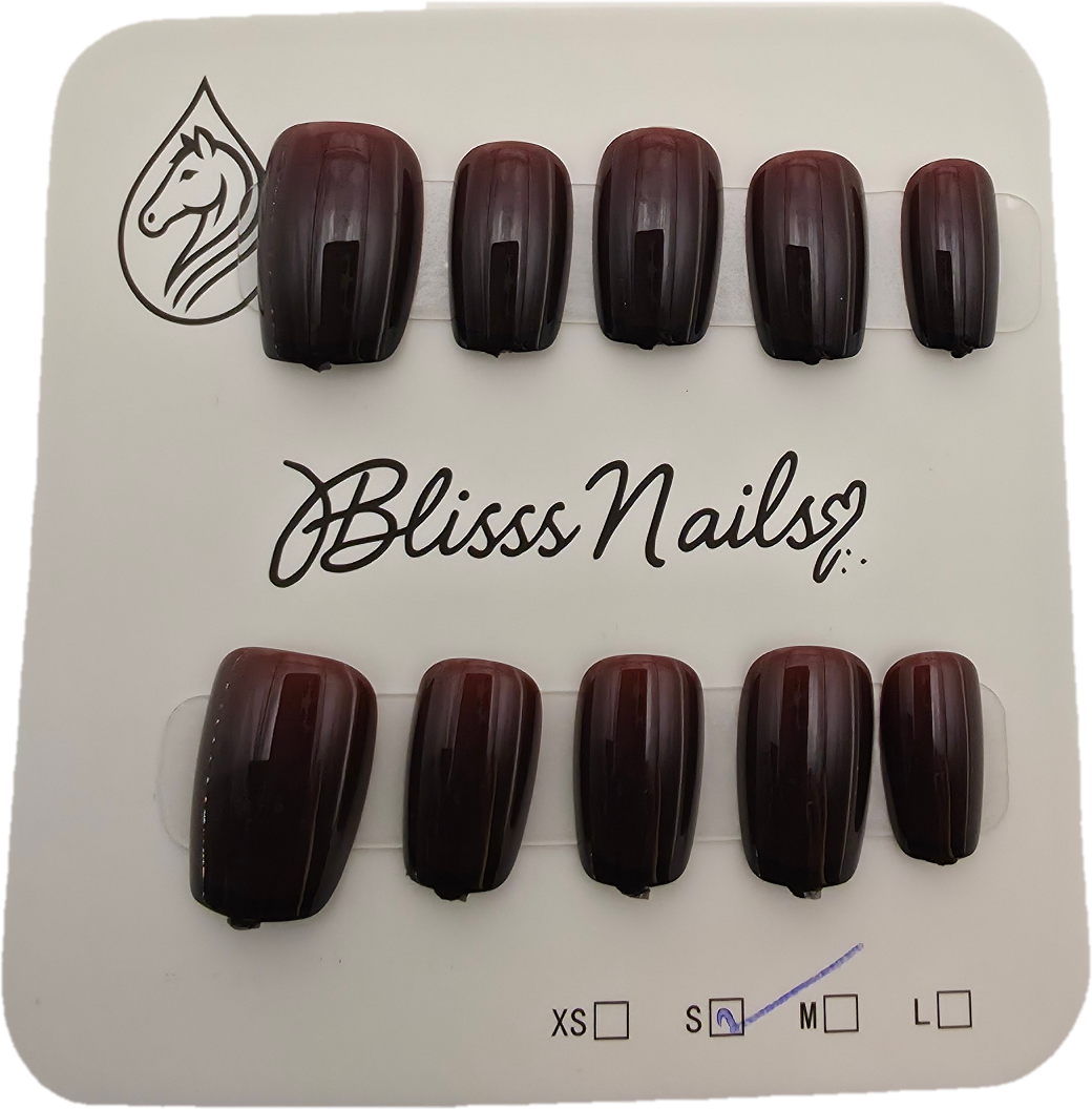 Blisss Nails Essential Machine-Made Press On Nails - Deep Espresso Maroon Glaze Jelly Effect, Reusable Artificial Nails, Short Square Round Shape, High-Gloss Salon-Style False Nails 10 Pcs Nail Set