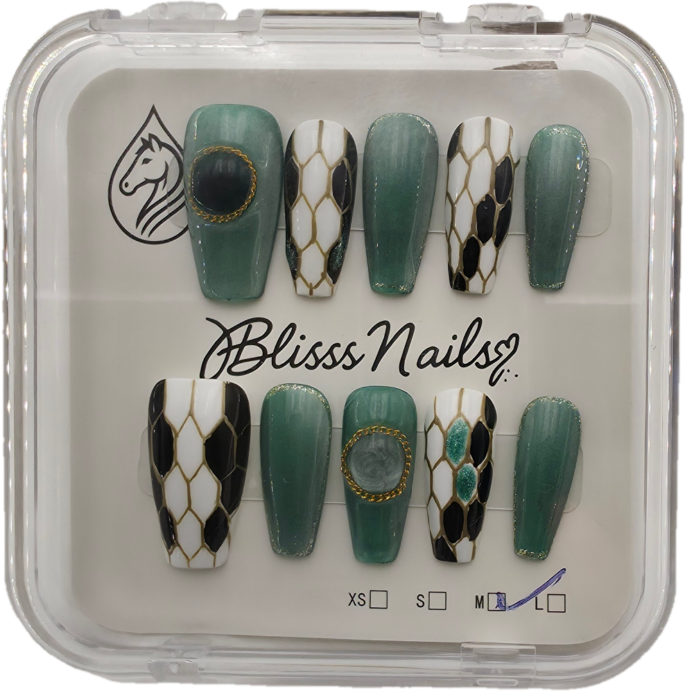 Blisss Nails Press on Nails Green, Black, White - Geometric Pattern. Coffin Shape Nail With Cat Eye Effect