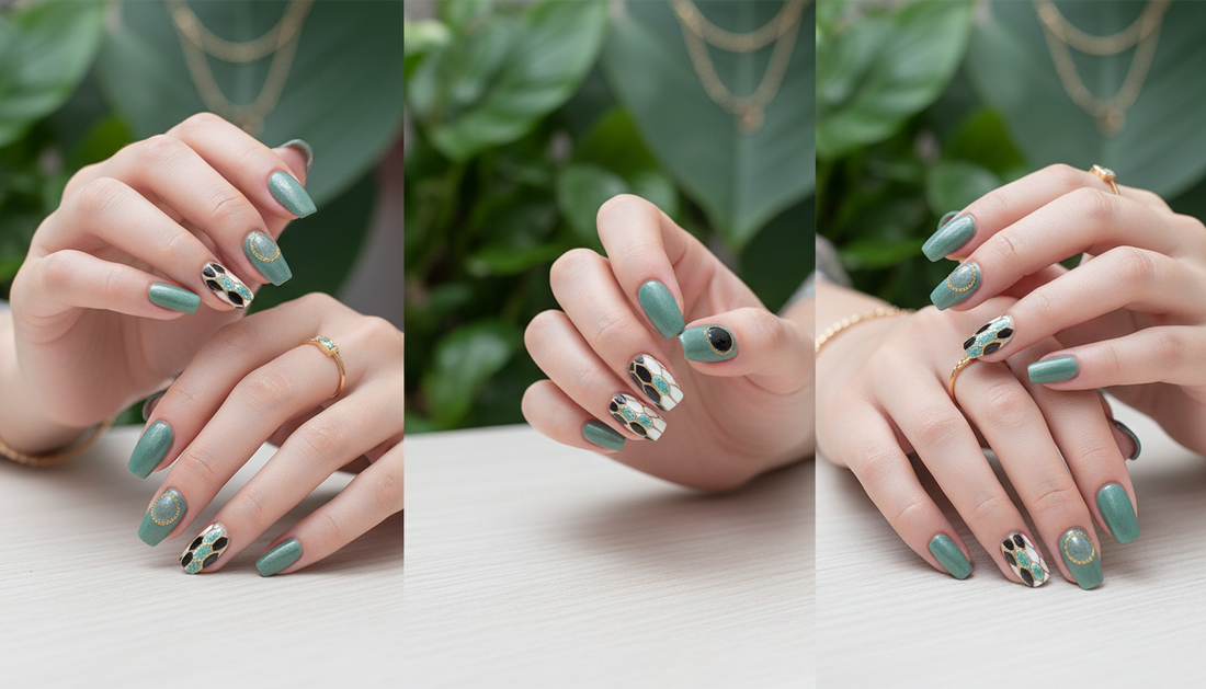 Blisss Nails Press on Nails Green, Black, White - Geometric Pattern. Coffin Shape Nail With Cat Eye Effect