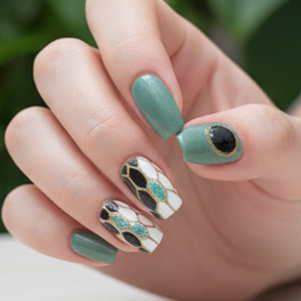 Blisss Nails Press on nails with Cat Eye Effect Coffin Shape Emerald Green & Black Luxury 10 Pcs Nail Set