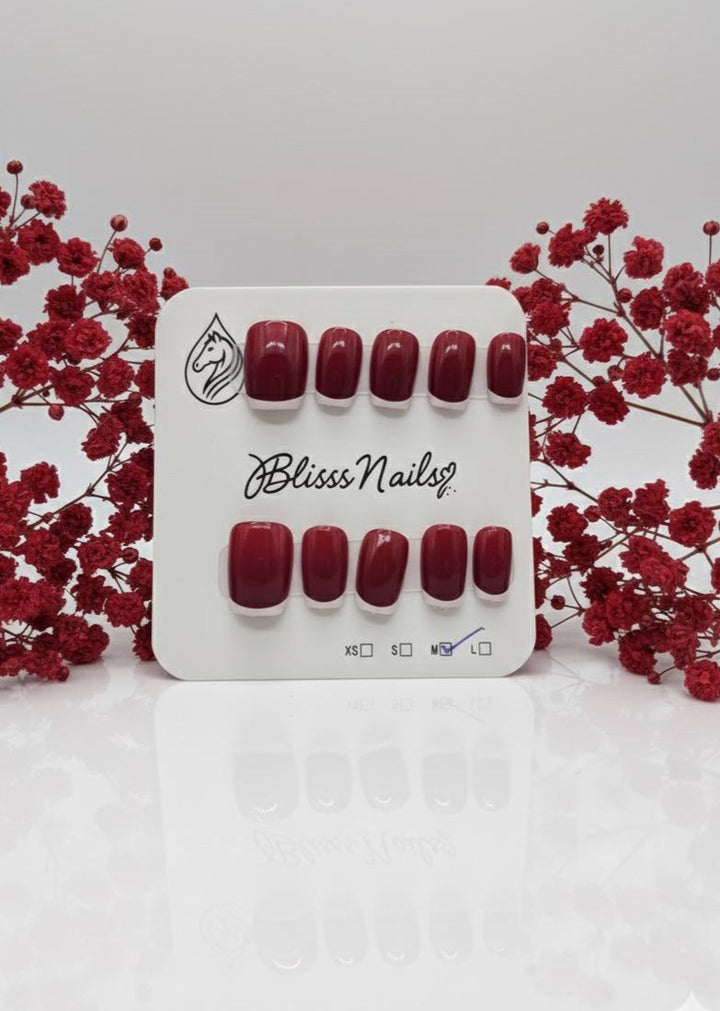 Blisss Nails Essential Machine-Made Press On Nails - Deep Crimson Red with Classic White French Tips, Reusable Artificial Nails, Short Square Round Shape, High-Gloss Salon-Style False Nails 10 Pcs Nail Set