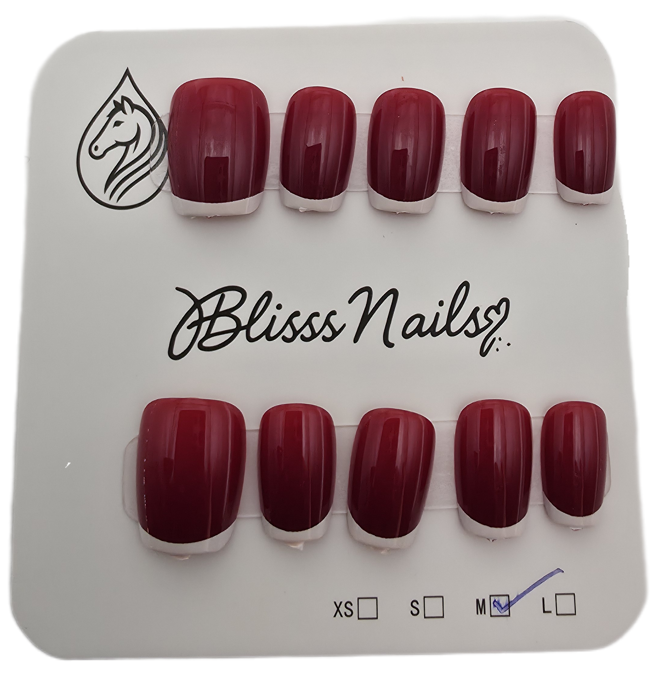 Blisss Nails Essential Machine-Made Press On Nails - Deep Crimson Red with Classic White French Tips, Reusable Artificial Nails, Short Square Round Shape, High-Gloss Salon-Style False Nails 10 Pcs Nail Set