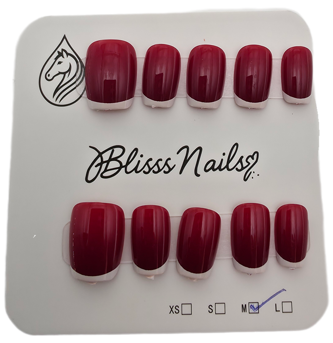 Blisss Nails Essential Machine-Made Press On Nails - Deep Crimson Red with Classic White French Tips, Reusable Artificial Nails, Short Square Round Shape, High-Gloss Salon-Style False Nails 10 Pcs Nail Set