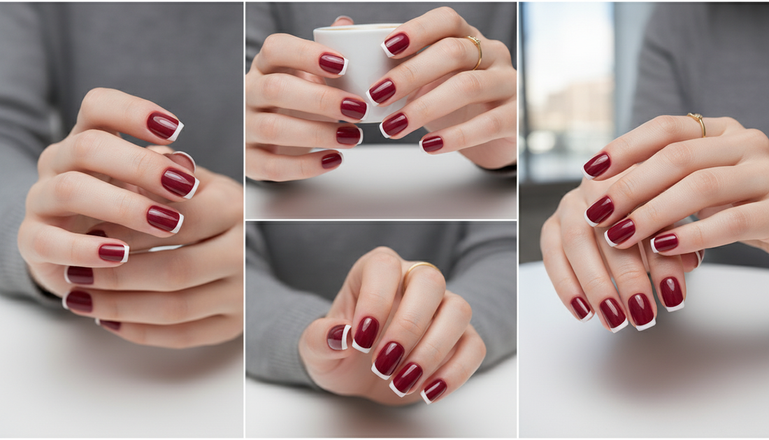 Blisss Nails Essential Machine-Made Press On Nails - Deep Crimson Red with Classic White French Tips, Reusable Artificial Nails, Short Square Round Shape, High-Gloss Salon-Style False Nails 10 Pcs Nail Set