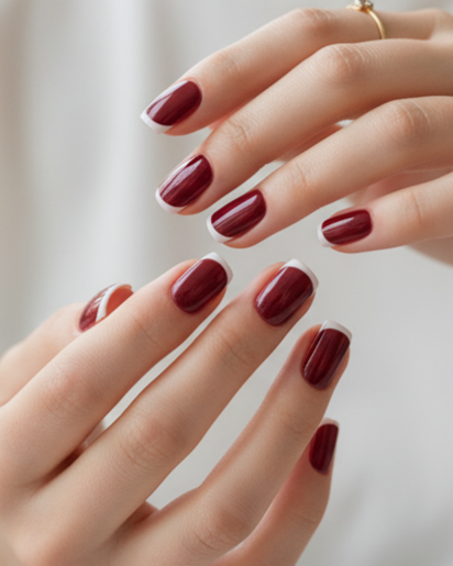 Blisss Nails Essential Machine-Made Press On Nails - Deep Crimson Red with Classic White French Tips, Reusable Artificial Nails, Short Square Round Shape, High-Gloss Salon-Style False Nails 10 Pcs Nail Set