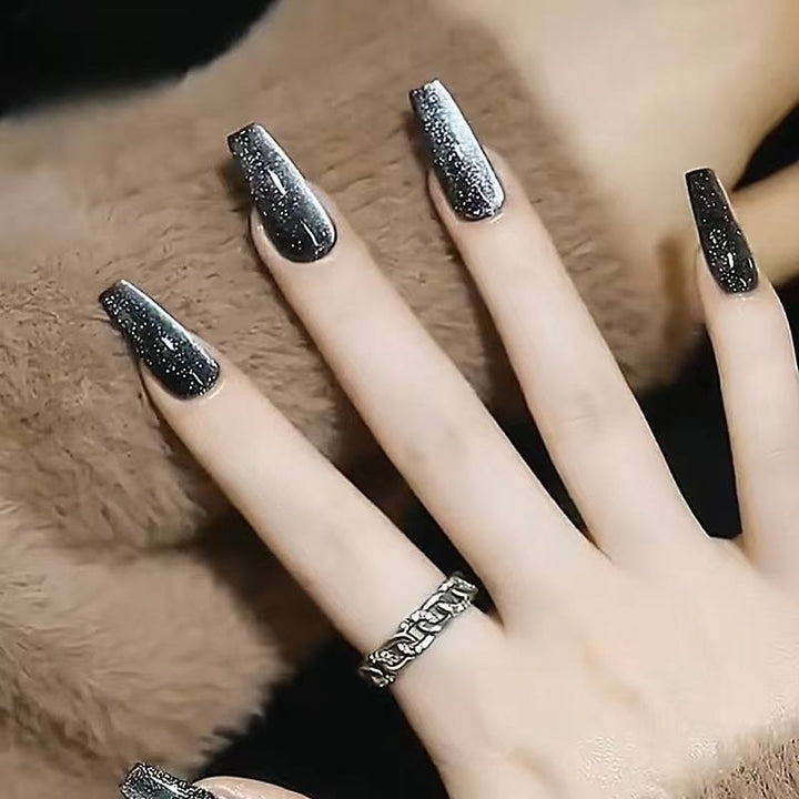 Blisss Nails Handmade Black Glitter with Cat Eye Effect Press On Nails – Long Coffin Reusable Artificial Fake Nails | Premium Metallic Shimmer Salon Nail Art 10 pc Nail Set