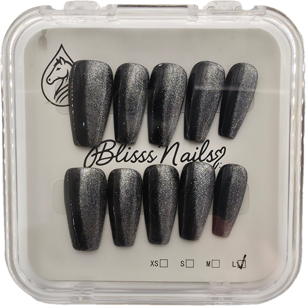 Blisss Nails Handmade Black Glitter with Cat Eye Effect Press On Nails – Long Coffin Reusable Artificial Fake Nails | Premium Metallic Shimmer Salon Nail Art 10 pc Nail Set