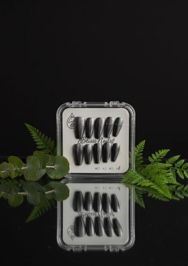 Blisss Nails Handmade Black Glitter with Cat Eye Effect Press On Nails – Long Coffin Reusable Artificial Fake Nails | Premium Metallic Shimmer Salon Nail Art 10 pc Nail Set