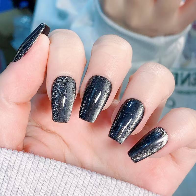 Blisss Nails Handmade Black Glitter with Cat Eye Effect Press On Nails – Long Coffin Reusable Artificial Fake Nails | Premium Metallic Shimmer Salon Nail Art 10 pc Nail Set
