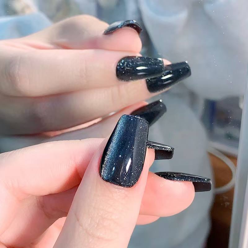 Blisss Nails Handmade Black Glitter with Cat Eye Effect Press On Nails – Long Coffin Reusable Artificial Fake Nails | Premium Metallic Shimmer Salon Nail Art 10 pc Nail Set
