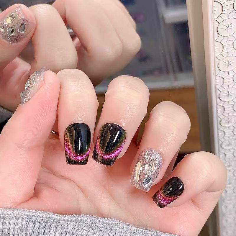 Blisss Nails Handmade Black Ombre with Cat Smile Press On Nails – Short Square Reusable Artificial Fake Nails with Silver Glitter & Chrome Accents | Premium Luxury Nail Art 10 pc Nail Set