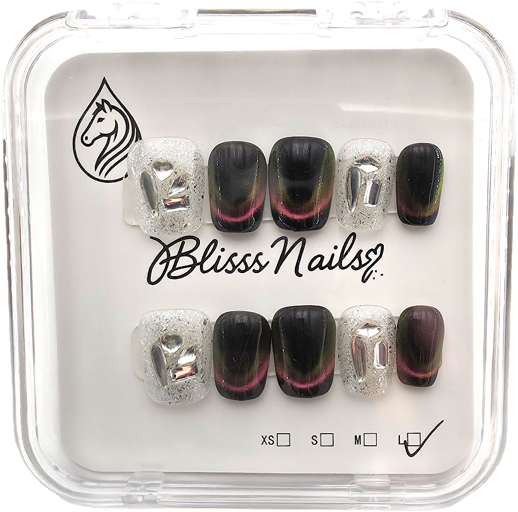 Blisss Nails Handmade Black Ombre with Cat Smile Press On Nails – Short Square Reusable Artificial Fake Nails with Silver Glitter & Chrome Accents | Premium Luxury Nail Art 10 pc Nail Set