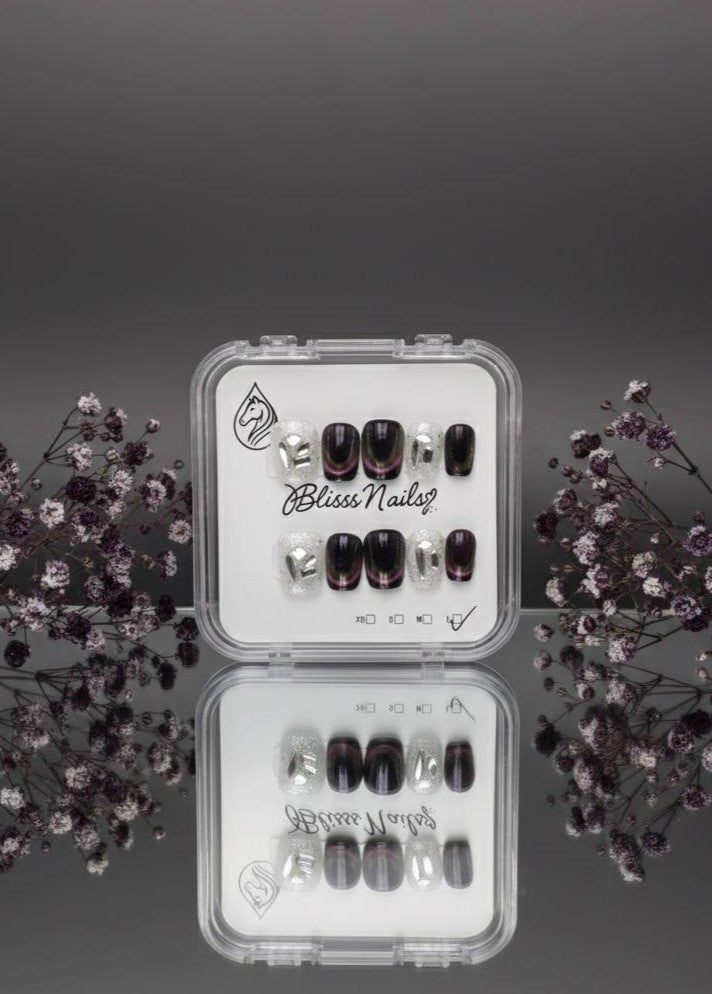 Blisss Nails Handmade Black Ombre with Cat Smile Press On Nails – Short Square Reusable Artificial Fake Nails with Silver Glitter & Chrome Accents | Premium Luxury Nail Art 10 pc Nail Set