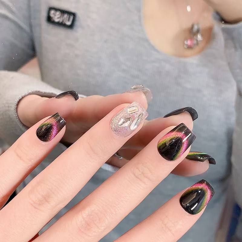 Blisss Nails Handmade Black Ombre with Cat Smile Press On Nails – Short Square Reusable Artificial Fake Nails with Silver Glitter & Chrome Accents | Premium Luxury Nail Art 10 pc Nail Set
