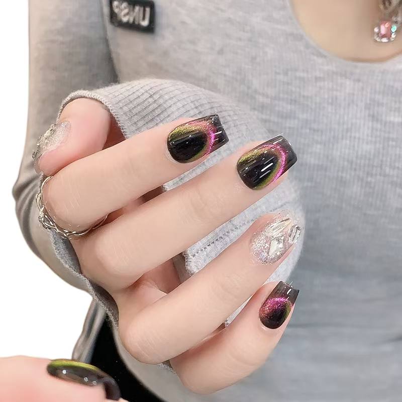 Blisss Nails Handmade Black Ombre with Cat Smile Press On Nails – Short Square Reusable Artificial Fake Nails with Silver Glitter & Chrome Accents | Premium Luxury Nail Art 10 pc Nail Set