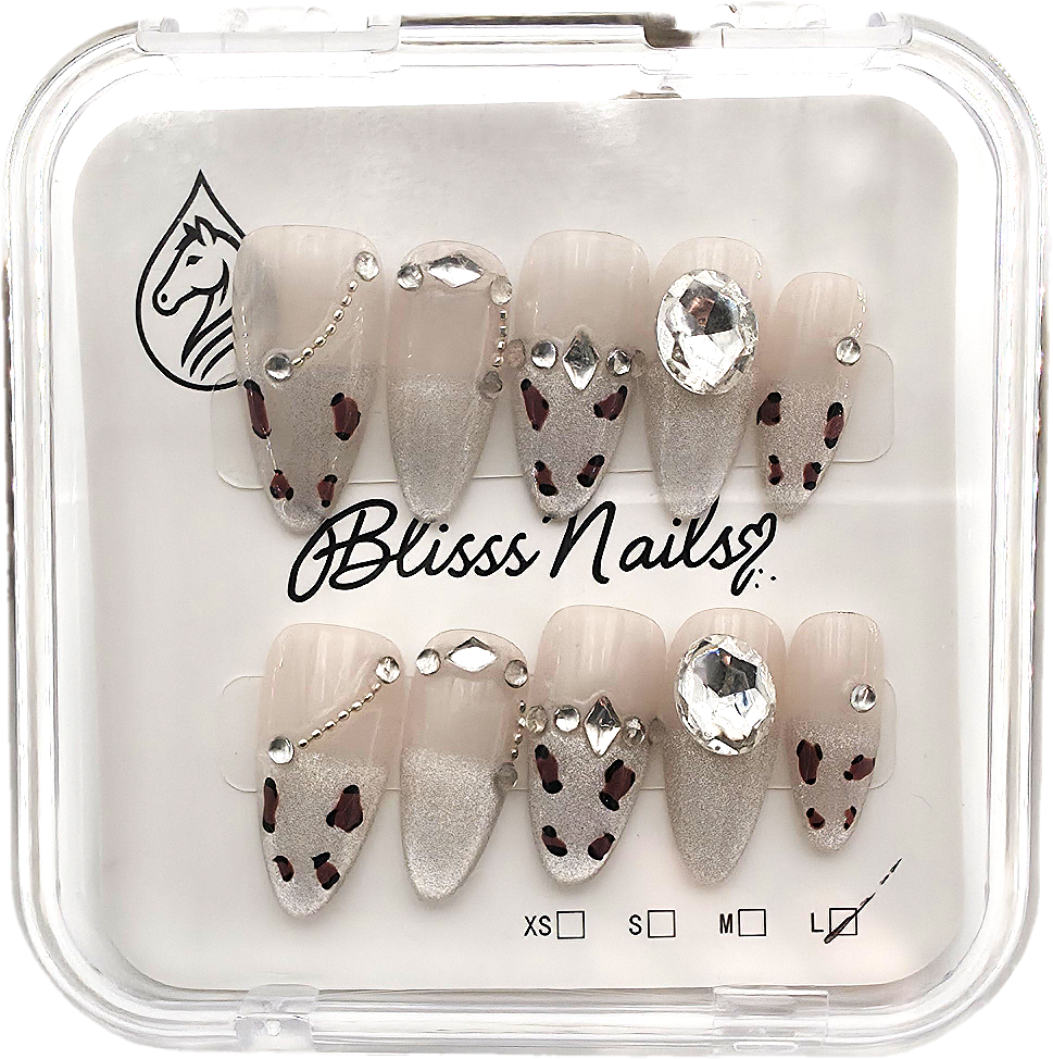 Blisss Nails Premium Handmade Nude & Silver Glitter Fake Nails – Long Almond Artificial Reusable Press On Nails with Rhinestones & Leopard Design for Women | Luxury Salon Finish 10 pc Nail set