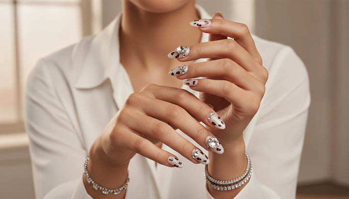 Blisss Nails Premium Handmade Nude & Silver Glitter Fake Nails – Long Almond Artificial Reusable Press On Nails with Rhinestones & Leopard Design for Women | Luxury Salon Finish 10 pc Nail set