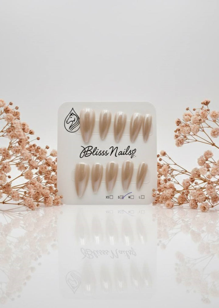 Blisss Nails Essential Machine-Made Press On Nails - Metallic champagne Glazed Chrome Mirror Effect, Reusable Artificial Nails, Long Almond Shape, High-Gloss Liquid Metal Finish Salon-Style False Nails 10 Pcs Nail Set