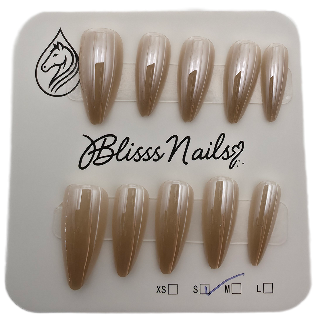Blisss Nails Essential Machine-Made Press On Nails - Metallic champagne Glazed Chrome Mirror Effect, Reusable Artificial Nails, Long Almond Shape, High-Gloss Liquid Metal Finish Salon-Style False Nails 10 Pcs Nail Set