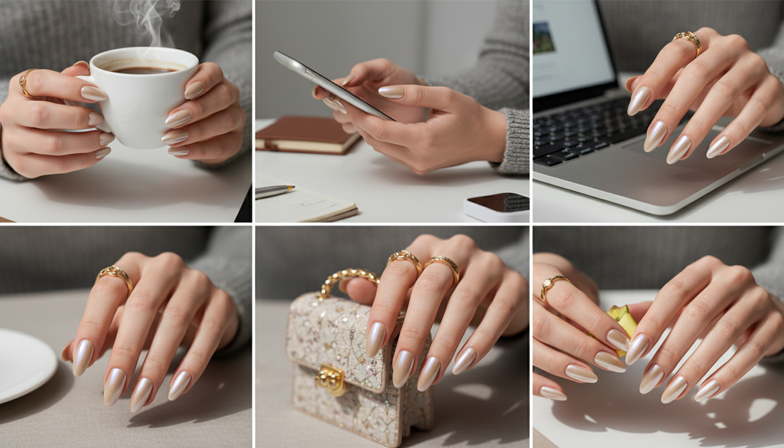 Blisss Nails Essential Machine-Made Press On Nails - Metallic champagne Glazed Chrome Mirror Effect, Reusable Artificial Nails, Long Almond Shape, High-Gloss Liquid Metal Finish Salon-Style False Nails 10 Pcs Nail Set