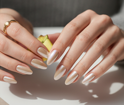 Blisss Nails Essential Machine-Made Press On Nails - Metallic champagne Glazed Chrome Mirror Effect, Reusable Artificial Nails, Long Almond Shape, High-Gloss Liquid Metal Finish Salon-Style False Nails 10 Pcs Nail Set