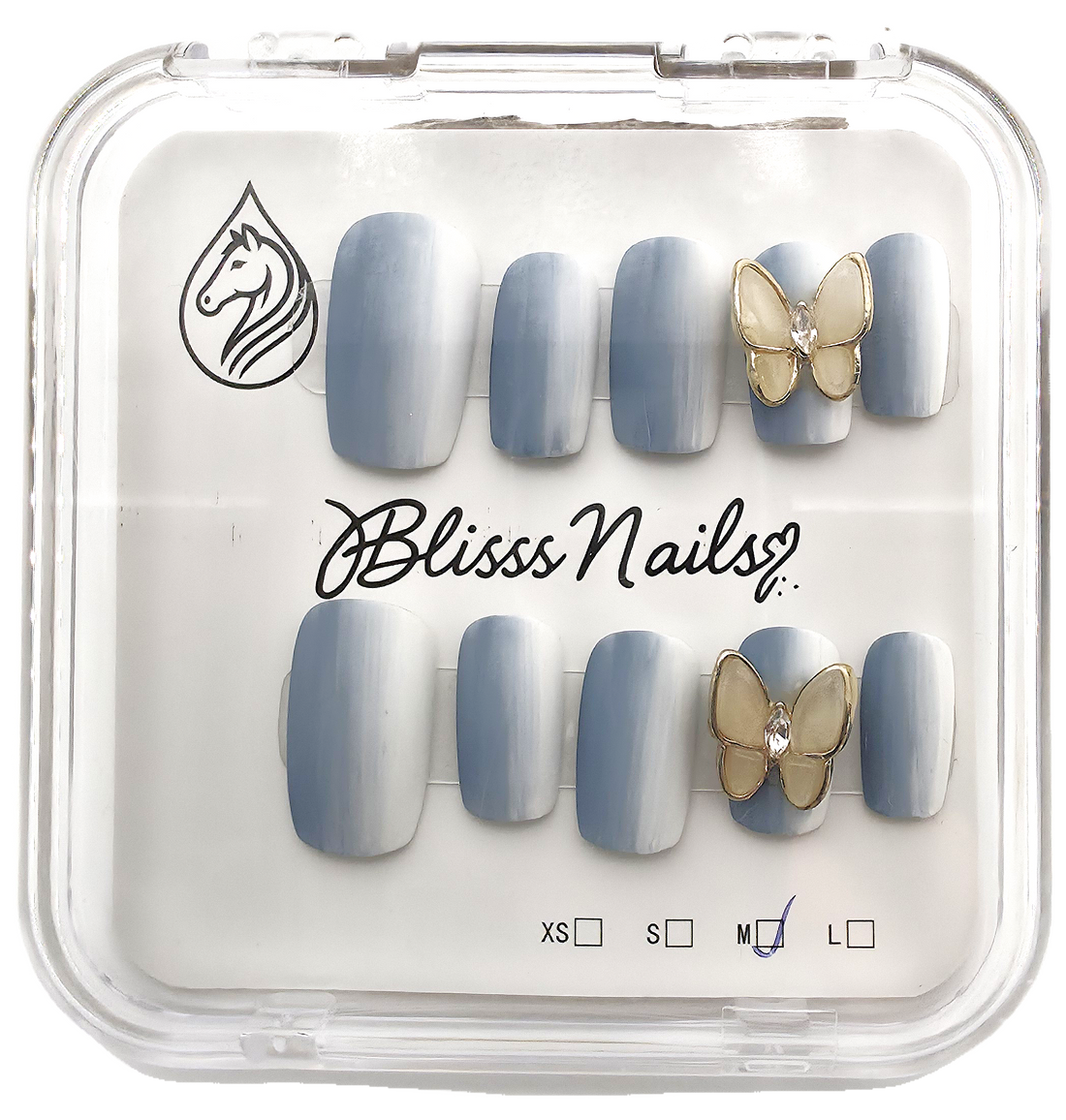 Blisss Nails Premium Handmade Matte Blue Ombre Fake Nails – Square Artificial Reusable Press On Nails with 3D Butterfly Charm for Women | Elegant Salon Finish 10 pc Nails Set