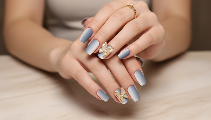 Blisss Nails Premium Handmade Matte Blue Ombre Fake Nails – Square Artificial Reusable Press On Nails with 3D Butterfly Charm for Women | Elegant Salon Finish 10 pc Nails Set