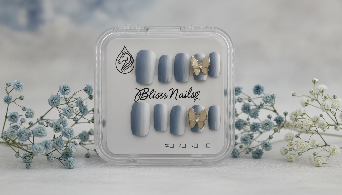 Blisss Nails Premium Handmade Matte Blue Ombre Fake Nails – Square Artificial Reusable Press On Nails with 3D Butterfly Charm for Women | Elegant Salon Finish 10 pc Nails Set
