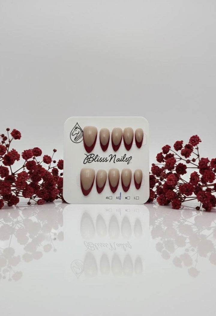 Blisss Nails Essential Machine-Made Press On Nails - Nude with Deep Mulberry Red French V-Tip, Reusable Artificial Nails, Short Almond Shape, High-Gloss Salon-Style False Nails 10 Pcs Nail Set