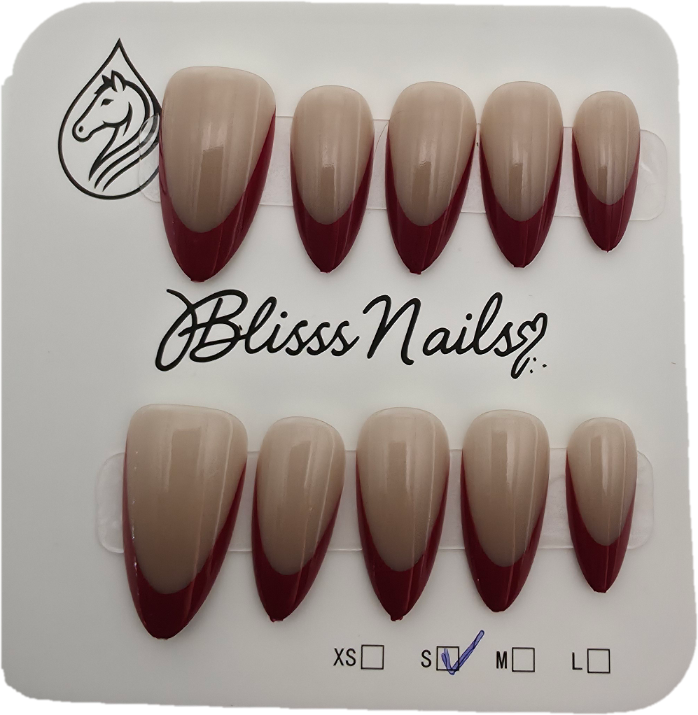 Blisss Nails Essential Machine-Made Press On Nails - Nude with Deep Mulberry Red French V-Tip, Reusable Artificial Nails, Short Almond Shape, High-Gloss Salon-Style False Nails 10 Pcs Nail Set