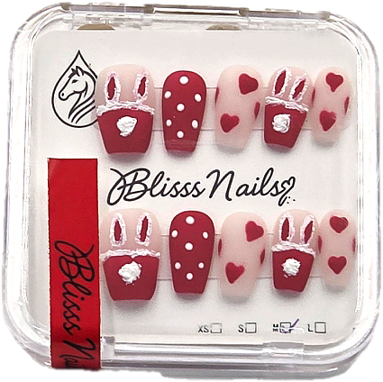 Blisss Nails Premium Handmade Matte Red & Nude Cute Fake Nails – Short coffin Artificial Reusable Press On Nails with Hearts, Polka Dots & Bunny Design for Women | Salon Finish 10 pc Nails Set