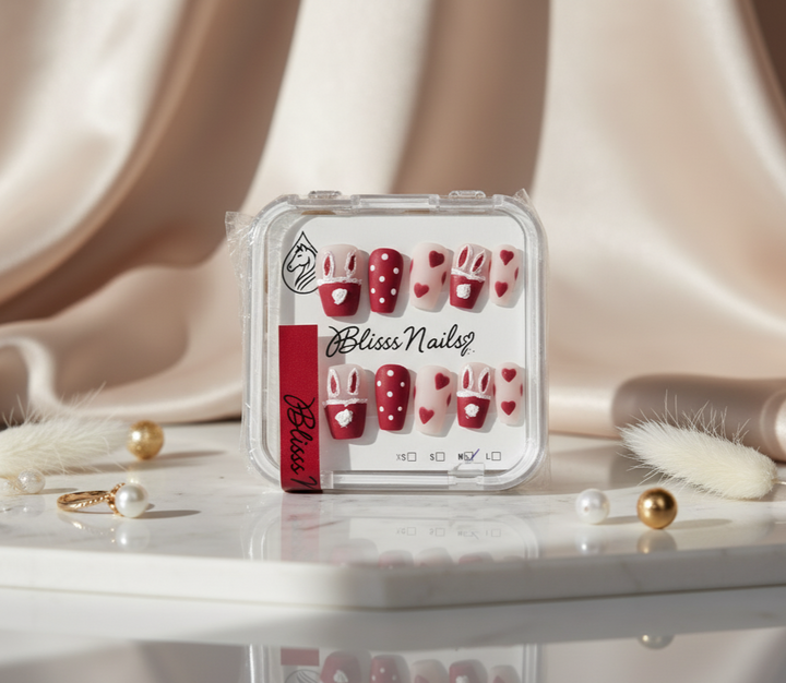 Blisss Nails Premium Handmade Matte Red & Nude Cute Fake Nails – Short coffin Artificial Reusable Press On Nails with Hearts, Polka Dots & Bunny Design for Women | Salon Finish 10 pc Nails Set