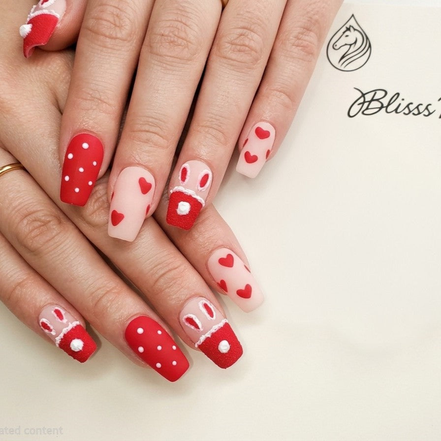 Blisss Nails Premium Handmade Matte Red & Nude Cute Fake Nails – Short coffin Artificial Reusable Press On Nails with Hearts, Polka Dots & Bunny Design for Women | Salon Finish 10 pc Nails Set
