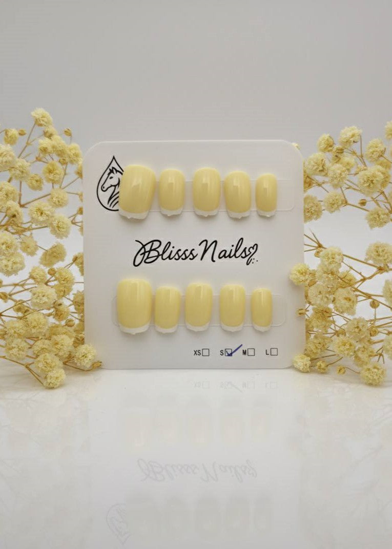 Blisss Nails Essential Machine-Made Press On Nails - Buttermilk Lemon Yellow with Classic White French Tips, Reusable Artificial Nails, Short Square Round Shape, High-Gloss Salon-Style False Nails 10 Pcs Nail Set