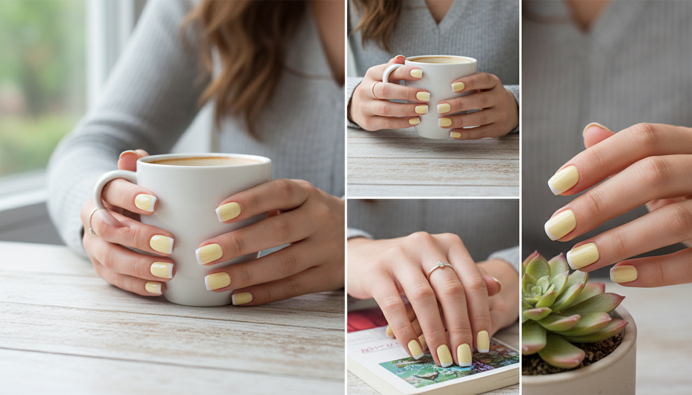 Blisss Nails Essential Machine-Made Press On Nails - Buttermilk Lemon Yellow with Classic White French Tips, Reusable Artificial Nails, Short Square Round Shape, High-Gloss Salon-Style False Nails 10 Pcs Nail Set