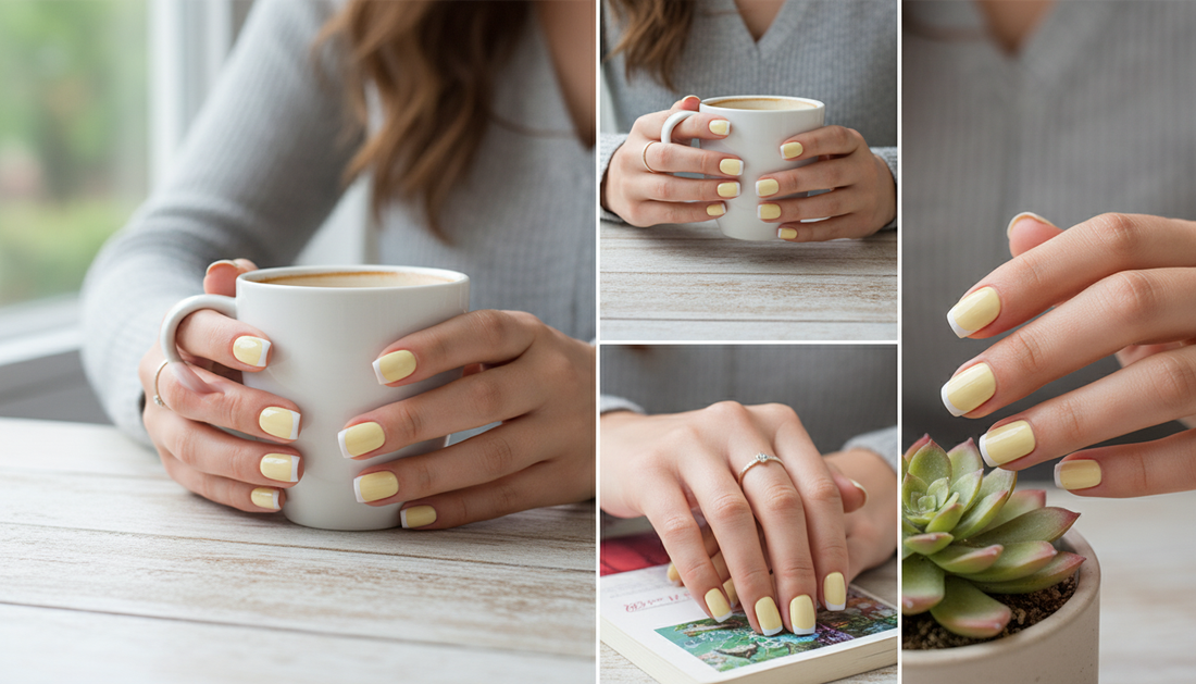 Blisss Nails Essential Machine-Made Press On Nails - Buttermilk Lemon Yellow with Classic White French Tips, Reusable Artificial Nails, Short Square Round Shape, High-Gloss Salon-Style False Nails 10 Pcs Nail Set