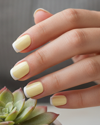 Blisss Nails Essential Machine-Made Press On Nails - Buttermilk Lemon Yellow with Classic White French Tips, Reusable Artificial Nails, Short Square Round Shape, High-Gloss Salon-Style False Nails 10 Pcs Nail Set