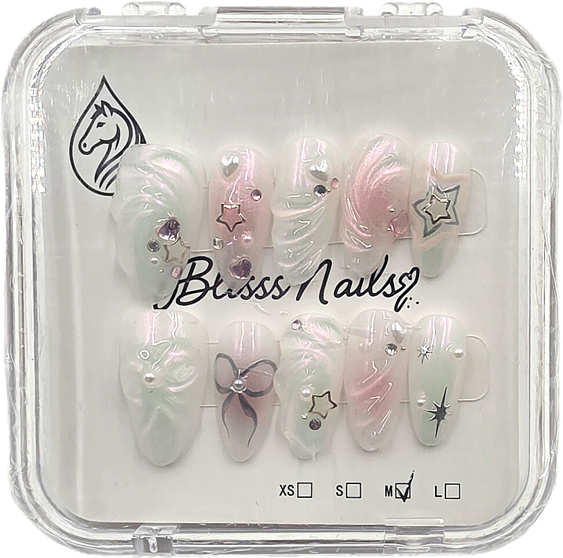 Blisss Nails Premium Handmade Pastel Swirl Fake Nails – Long Almond Artificial Reusable Press On Nails with Rhinestones & Star Charms for Women | Glossy Salon Finish 10 pc Nail Set