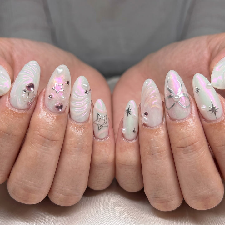 Blisss Nails Premium Handmade Pastel Swirl Fake Nails – Long Almond Artificial Reusable Press On Nails with Rhinestones & Star Charms for Women | Glossy Salon Finish 10 pc Nail Set