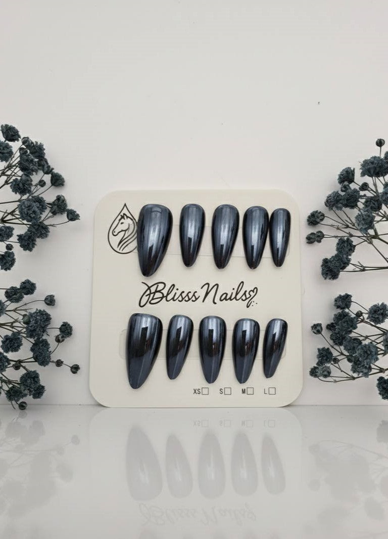 Blisss Nails Essential Machine-Made Press On Nails - Metallic Chrome Mirror Effect, Reusable Artificial Nails, Long Almond Shape, High-Gloss Liquid Metal Finish Salon-Style False Nails 10 Pcs Nail Set