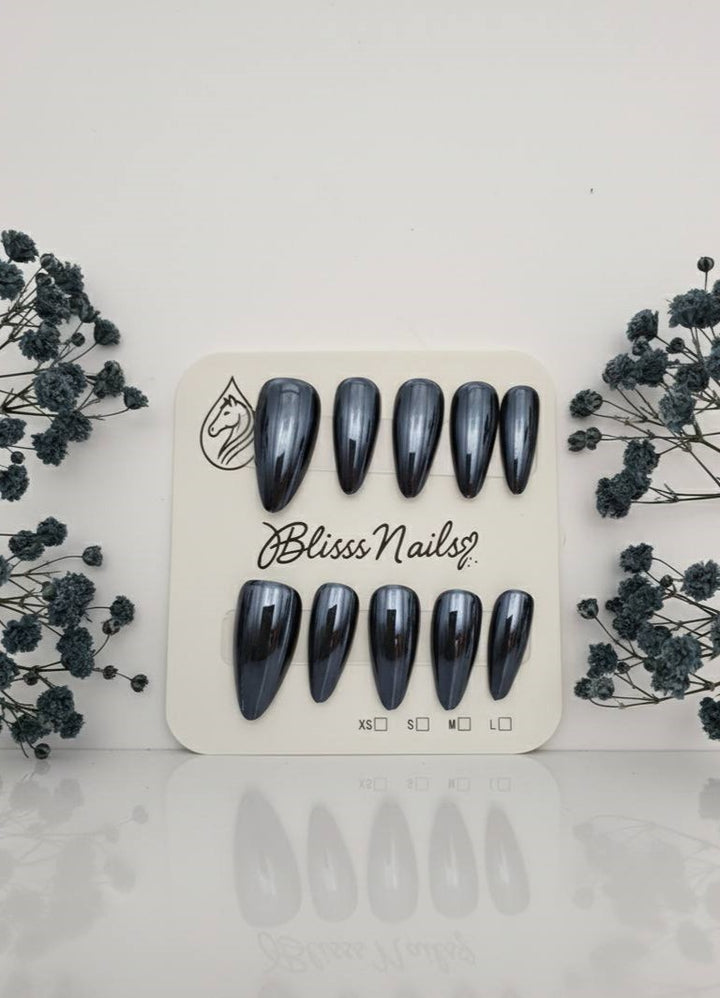 Blisss Nails's Press On nails  Metallic Black long Almond Shape