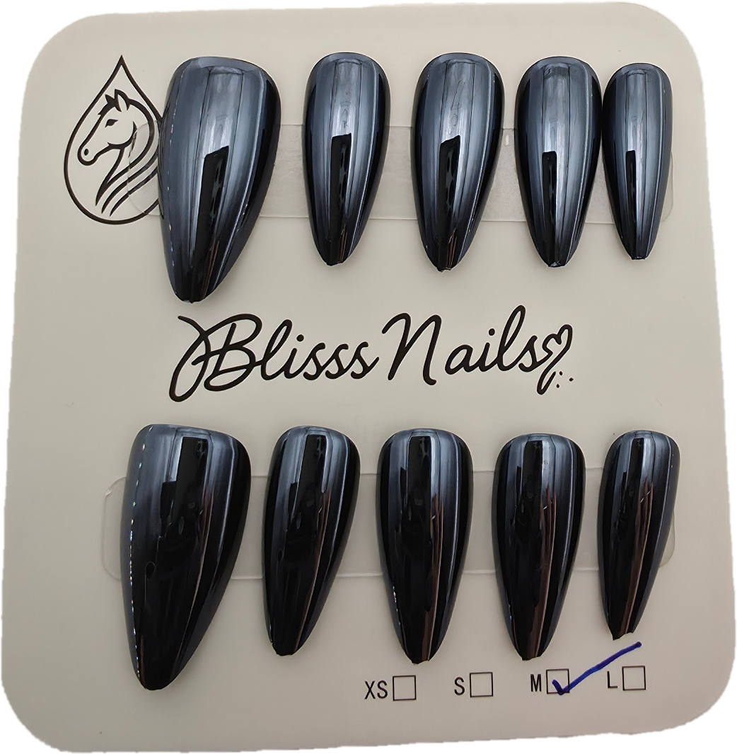 Blisss Nails Essential Machine-Made Press On Nails - Metallic Chrome Mirror Effect, Reusable Artificial Nails, Long Almond Shape, High-Gloss Liquid Metal Finish Salon-Style False Nails 10 Pcs Nail Set