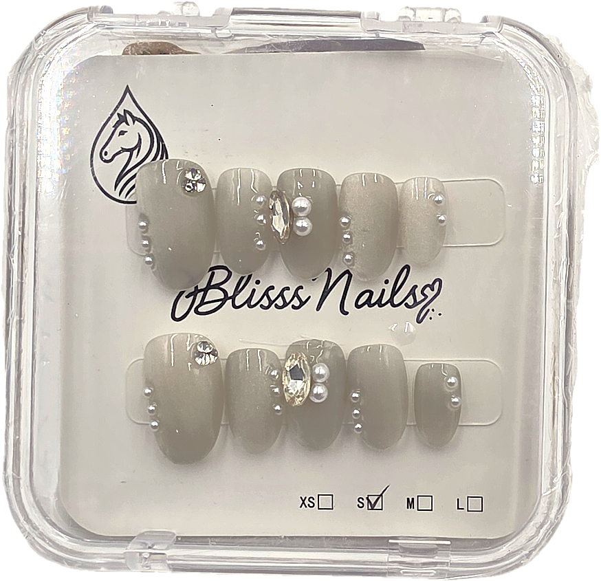 Blisss Nails Premium Handmade Nude Pearl with Cat Eye Effect Fake Nails – Short Almond Artificial Reusable Press On Nails with Rhinestones & Pearl Accents for Women | Elegant Salon Finish 10 pc nails Set