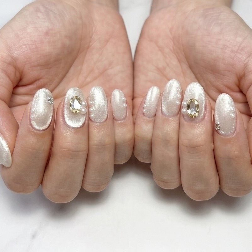 Blisss Nails Premium Handmade Nude Pearl with Cat Eye Effect Fake Nails – Short Almond Artificial Reusable Press On Nails with Rhinestones & Pearl Accents for Women | Elegant Salon Finish 10 pc nails Set