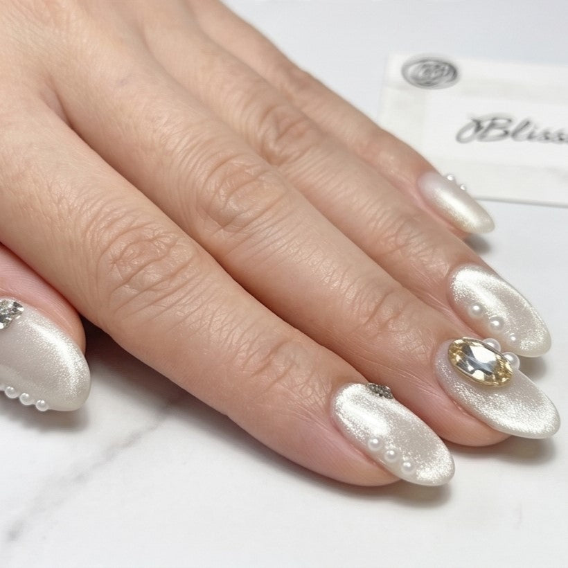 Blisss Nails Premium Handmade Nude Pearl with Cat Eye Effect Fake Nails – Short Almond Artificial Reusable Press On Nails with Rhinestones & Pearl Accents for Women | Elegant Salon Finish 10 pc nails Set