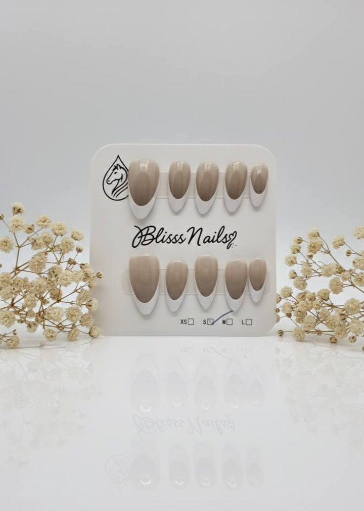 Blisss Nails Essential Machine-Made Press On Nails - Cappuccino Nude with Crisp White French V-Tip, Reusable Artificial Nails, Long Almond Shape, High-Gloss Salon-Style False Nails 10 Pcs Nail Set