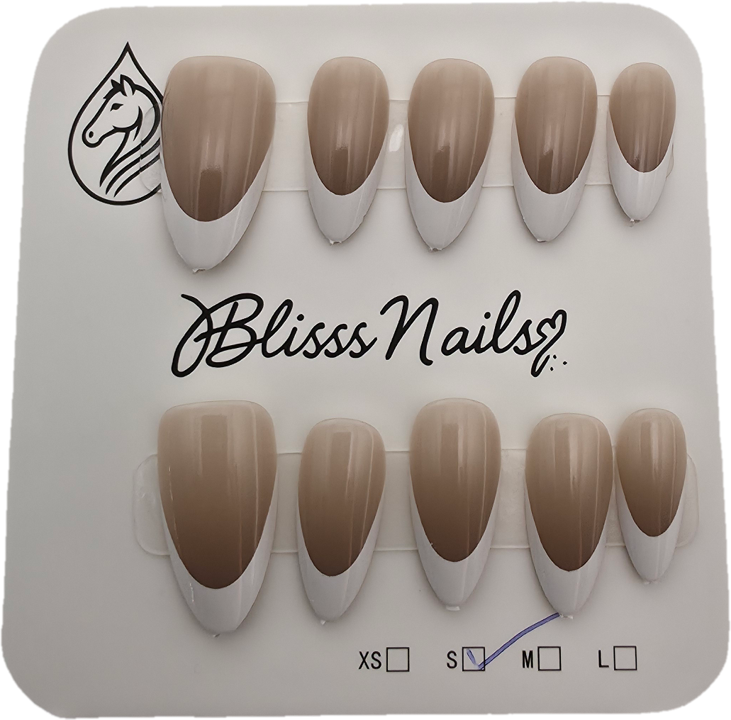 Blisss Nails Essential Machine-Made Press On Nails - Cappuccino Nude with Crisp White French V-Tip, Reusable Artificial Nails, Long Almond Shape, High-Gloss Salon-Style False Nails 10 Pcs Nail Set