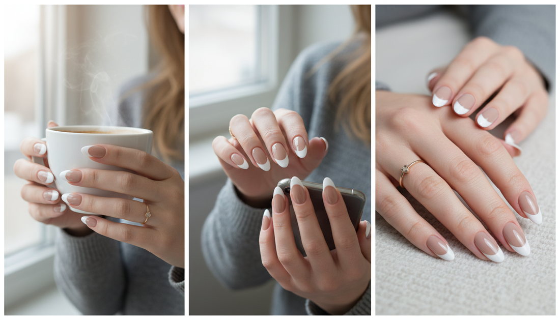 Blisss Nails Essential Machine-Made Press On Nails - Cappuccino Nude with Crisp White French V-Tip, Reusable Artificial Nails, Long Almond Shape, High-Gloss Salon-Style False Nails 10 Pcs Nail Set